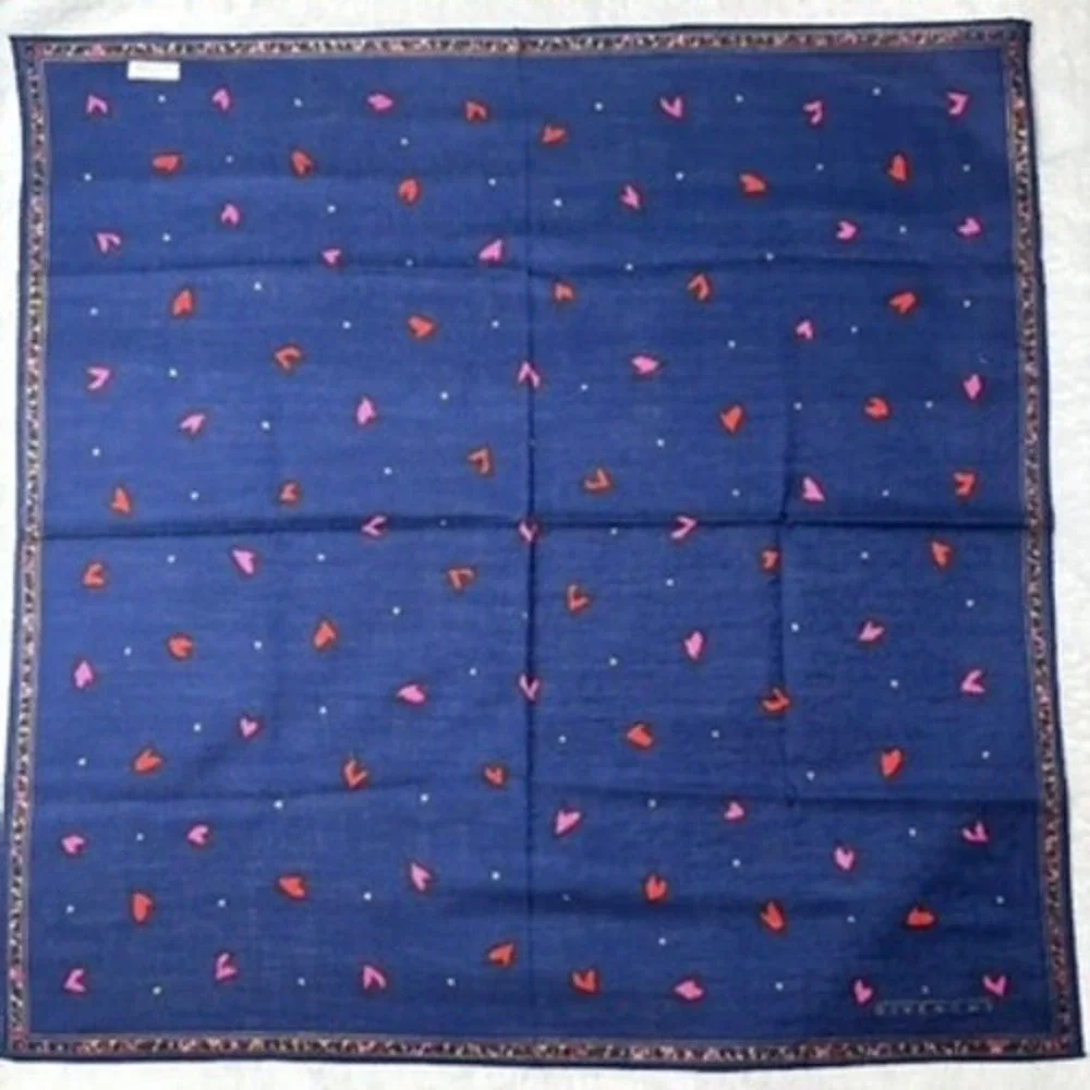 Vtg GIVENCHY Scarf Handkerchief Heart Cotton Navy Blue 18.5